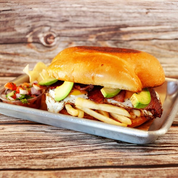 Breakfast sandwich with bacon, egg, avocado, and fries on a metal tray with salsa.