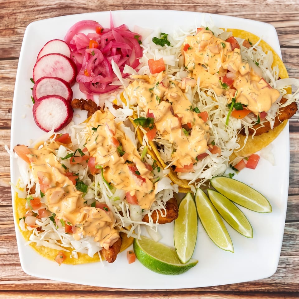 Three fish tacos with cabbage, pico de gallo, and creamy sauce, served with pickled onions, radishes, and lime wedges.