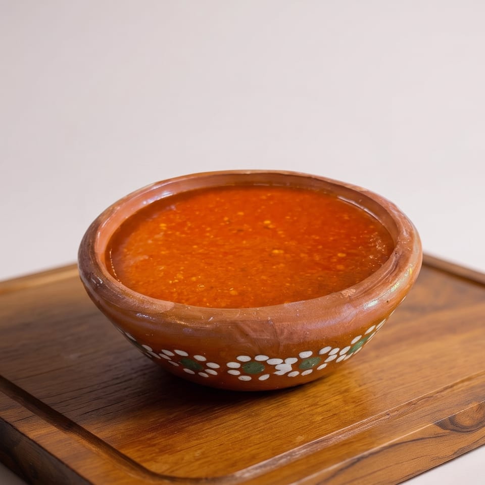 Vibrant red salsa in a patterned clay bowl resting on a wooden serving board.