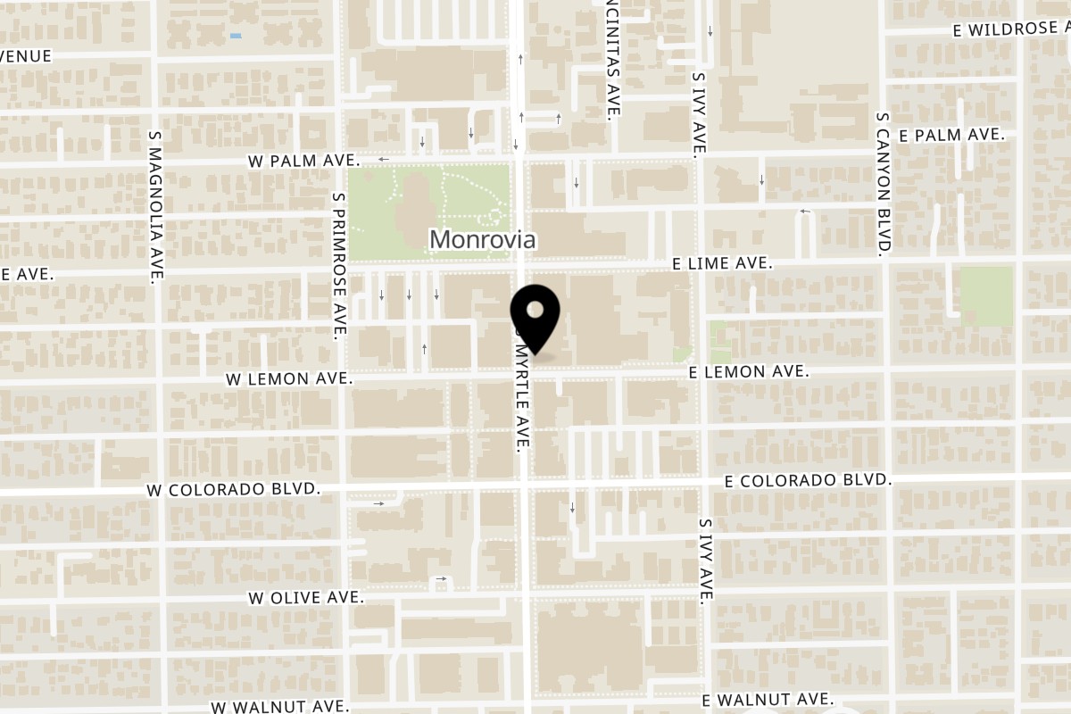 Map showing the location of Tacos & Papas on 428 S Myrtle Ave in Monrovia